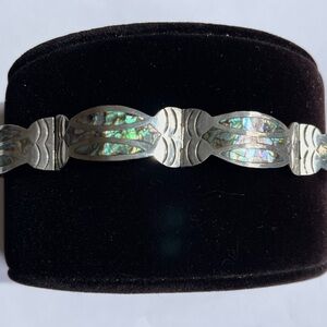 Beautiful Vintage Mexican Signed Sterling Silver Abalone Curved Panel Bracelet